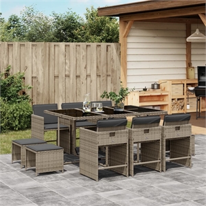 vidaXL 11 Piece Poly Rattan Patio Dining Set with Cushions in Gray