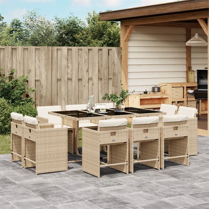 vidaXL 11 Piece Poly Rattan Patio Dining Set in Black/Cream White