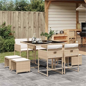 vidaXL 9 Piece Poly Rattan Garden Dining Set in Beige/Cream White/Black