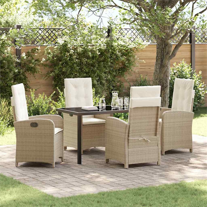 vidaXL 5 Piece Poly Rattan Garden Dining Set with Cushions in Beige