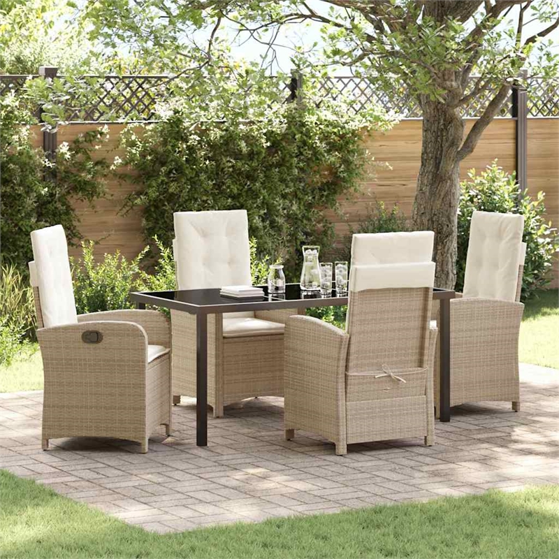 vidaXL 5 Piece Poly Rattan Garden Dining Set with Cushions in Beige