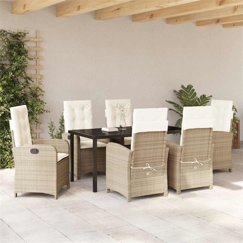 vidaXL 7 Piece Poly Rattan Garden Dining Set with Cushions in Beige