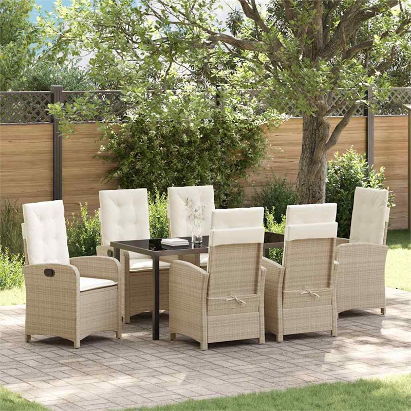 vidaXL 7 Piece Poly Rattan Garden Dining Set with Cushions in Beige