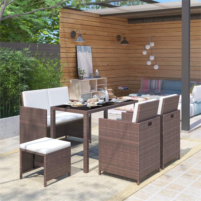 vidaXL 6 Piece Poly Rattan Garden Dining Set in Brown/Cream White