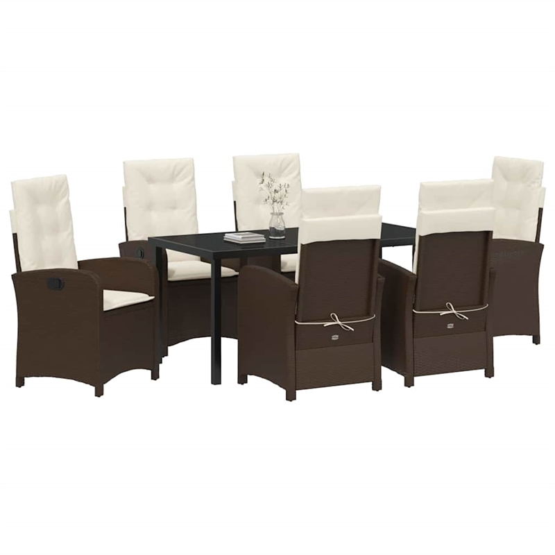 vidaXL 7 Piece Poly Rattan Garden Dining Set with Cushions in Brown