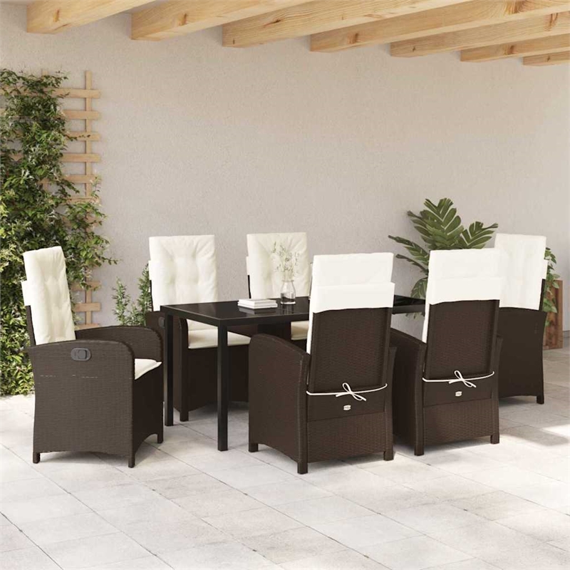 vidaXL 7 Piece Poly Rattan Garden Dining Set with Cushions in Brown
