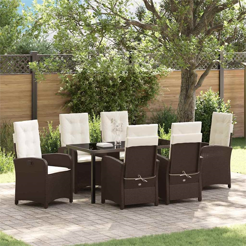 vidaXL 7 Piece Poly Rattan Garden Dining Set with Cushions in Brown