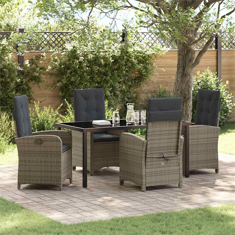 vidaXL 5 Piece Poly Rattan Garden Dining Set with Cushions in Gray