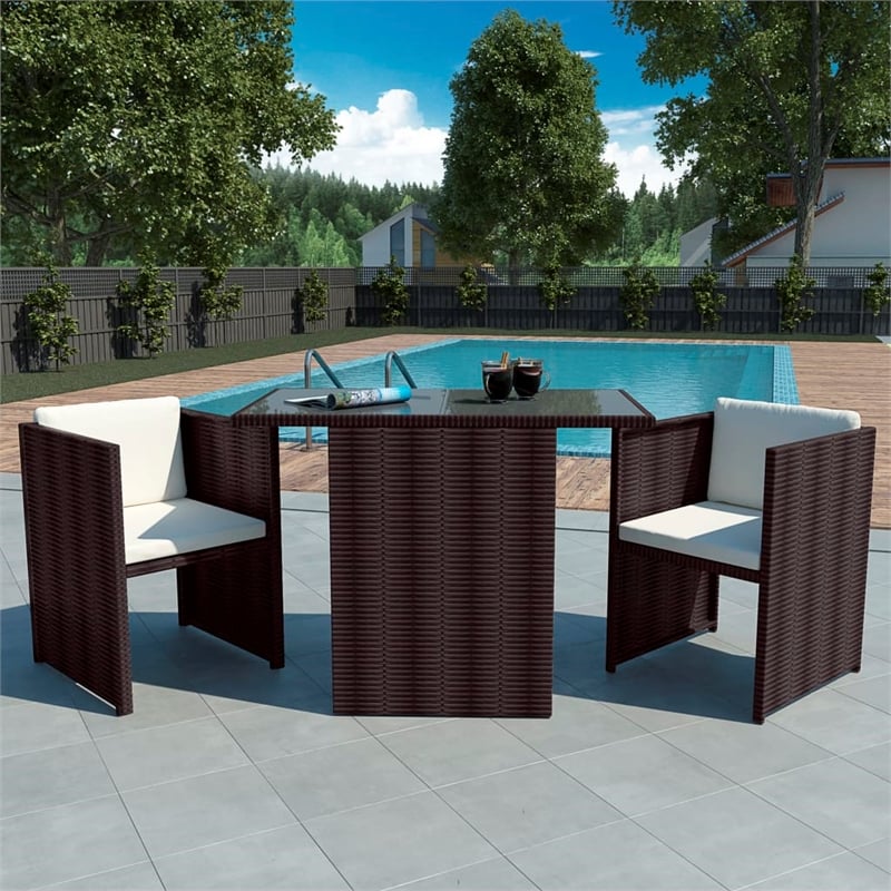 vidaXL 3 Piece Rattan Garden Dining Set in Brown/Cream white