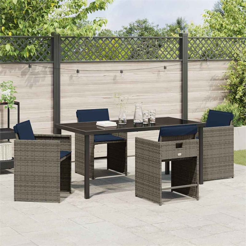 vidaXL 5 Piece Poly Rattan Garden Dining Set with Cushions in Gray