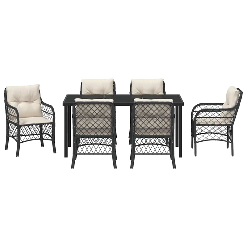 vidaXL 7 Piece Poly Rattan Garden Dining Set with Cushions in Black