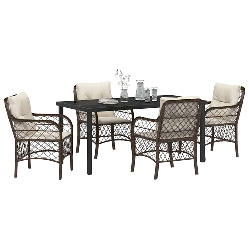 vidaXL 5 Piece Poly Rattan Garden Dining Set with Cushions in Black