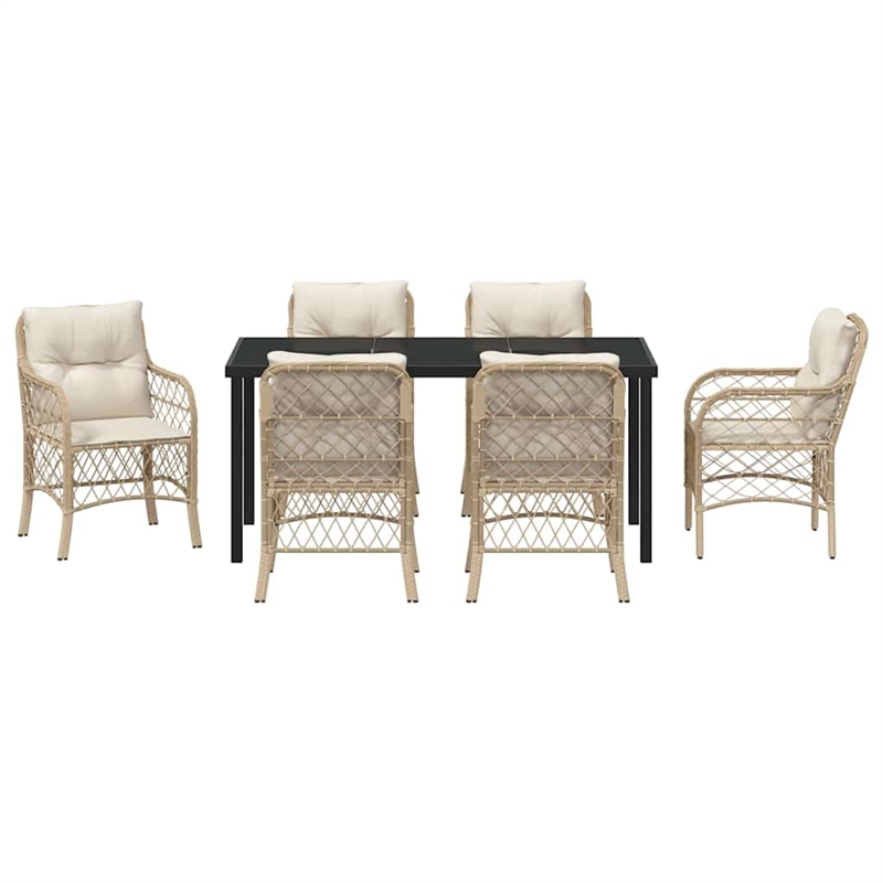 vidaXL 7 Piece Poly Rattan Garden Dining Set with Cushions in Black