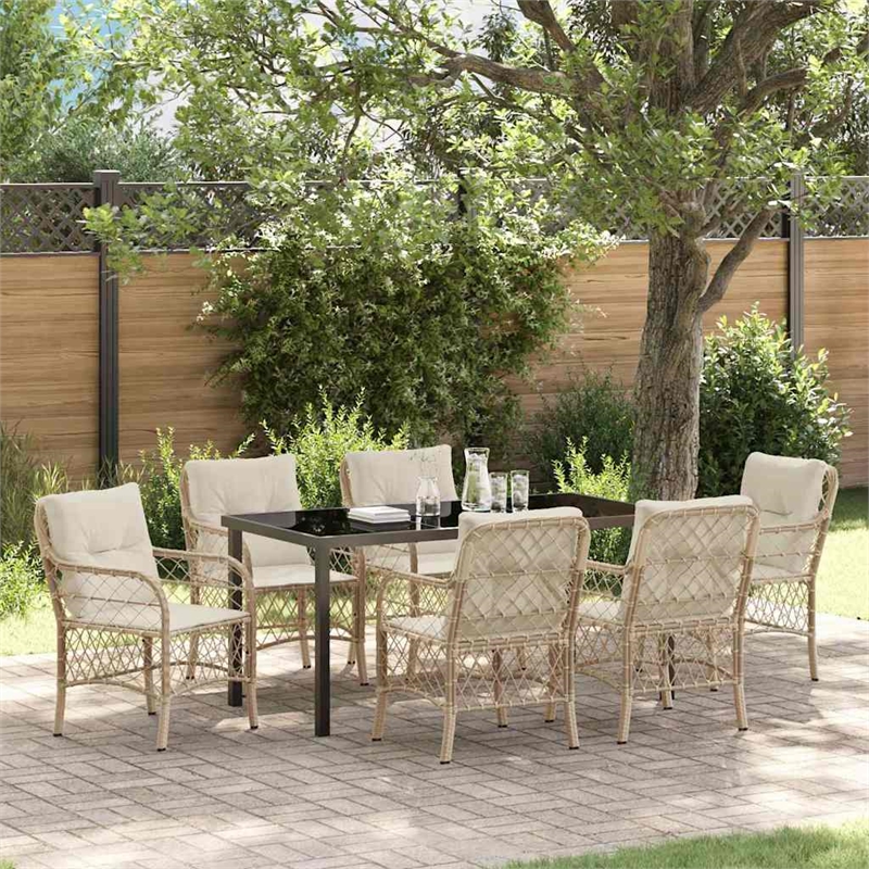 vidaXL 7 Piece Poly Rattan Garden Dining Set with Cushions in Black
