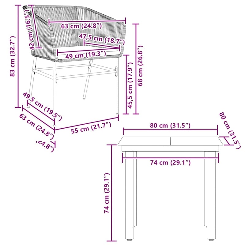vidaXL 3 Piece Poly Rattan Garden Dining Set in Black