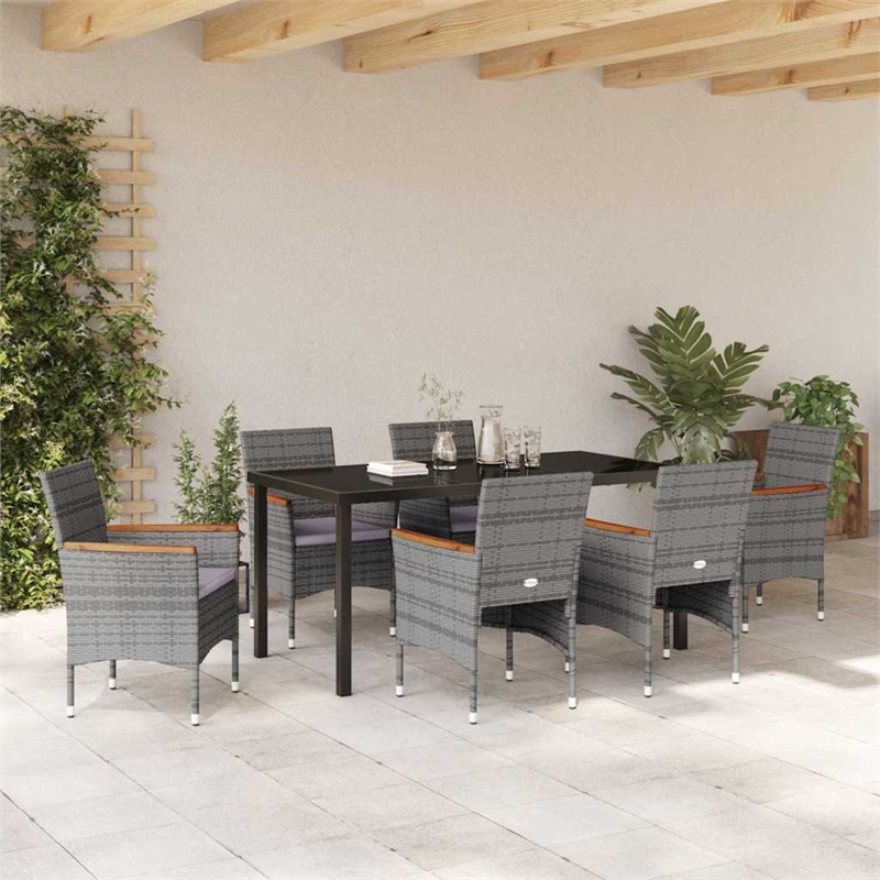 vidaXL 7 Piece Poly Rattan Garden Dining Set with Cushions in Gray