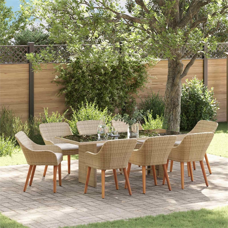 vidaXL Poly Rattan Garden Dining Set with Cushions in Beige