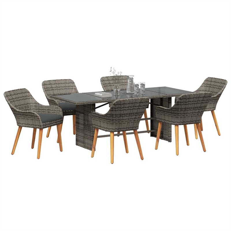 vidaXL 7 Piece Poly Rattan Garden Dining Set with Cushions in Grey