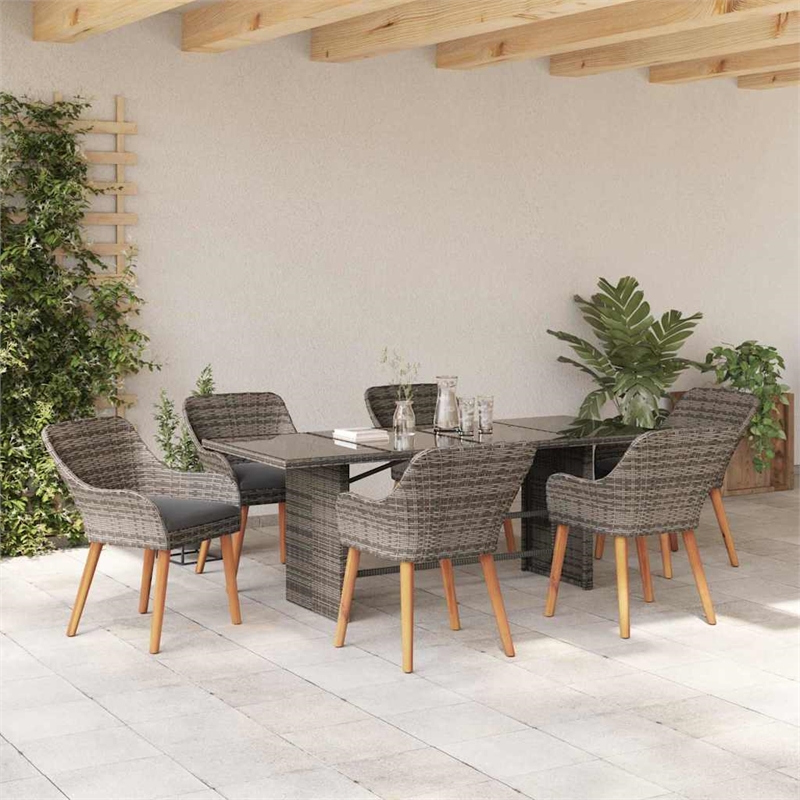 vidaXL 7 Piece Poly Rattan Garden Dining Set with Cushions in Grey