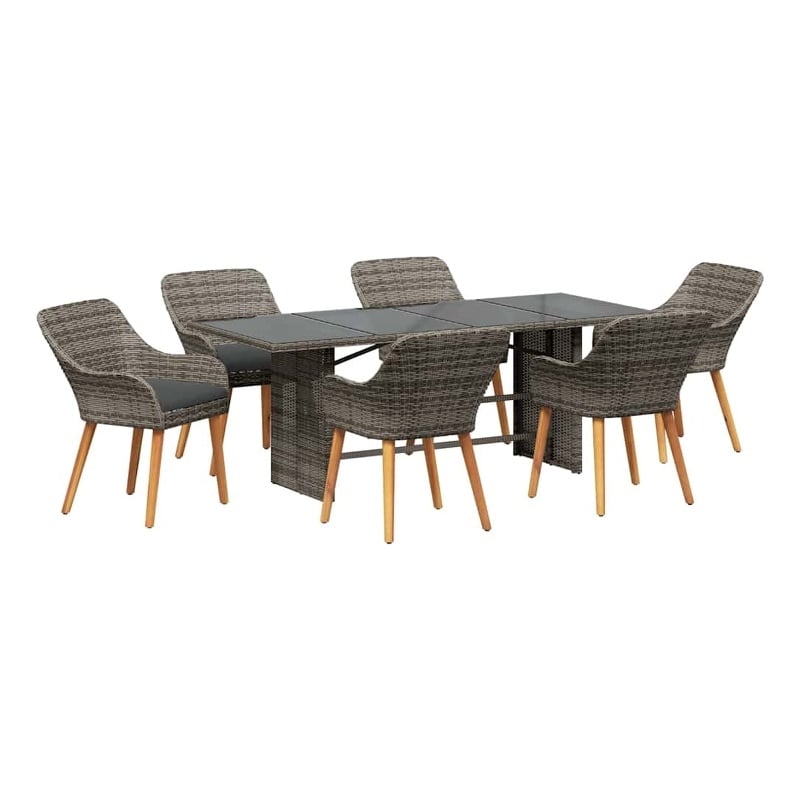 vidaXL 7 Piece Poly Rattan Garden Dining Set with Cushions in Grey