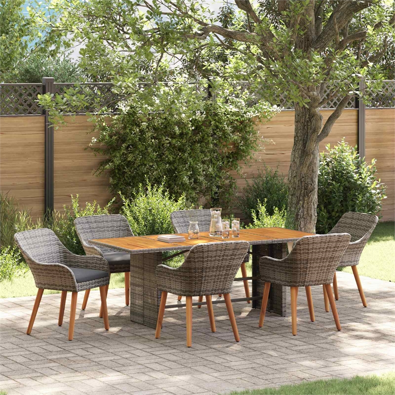 vidaXL 7 Piece Poly Rattan Garden Dining Set with Cushions in Grey