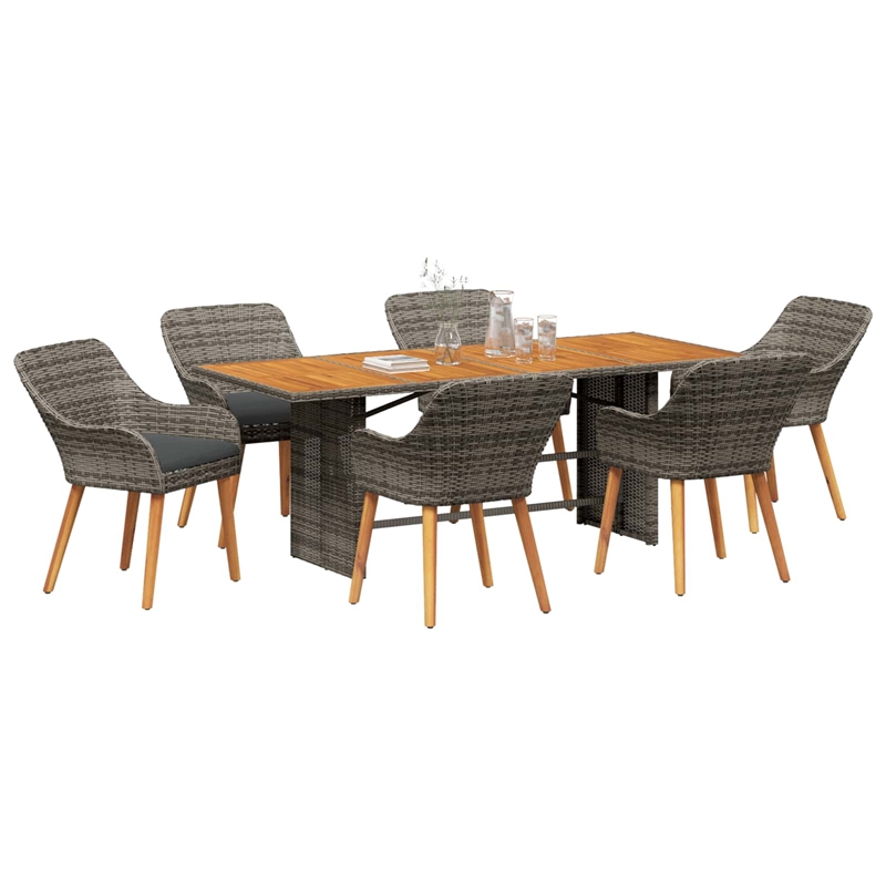 vidaXL 7 Piece Poly Rattan Garden Dining Set with Cushions in Grey