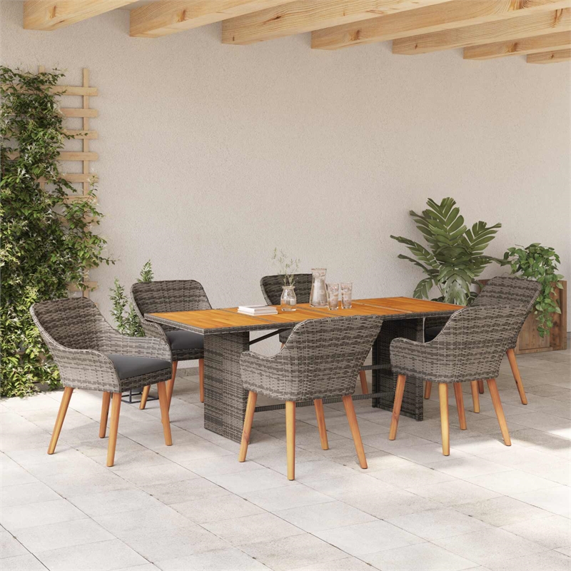 vidaXL 7 Piece Poly Rattan Garden Dining Set with Cushions in Grey
