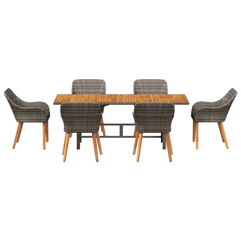 vidaXL 7 Piece Poly Rattan Garden Dining Set with Cushions in Grey