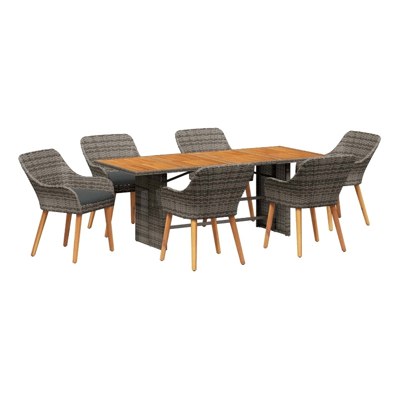 vidaXL 7 Piece Poly Rattan Garden Dining Set with Cushions in Grey