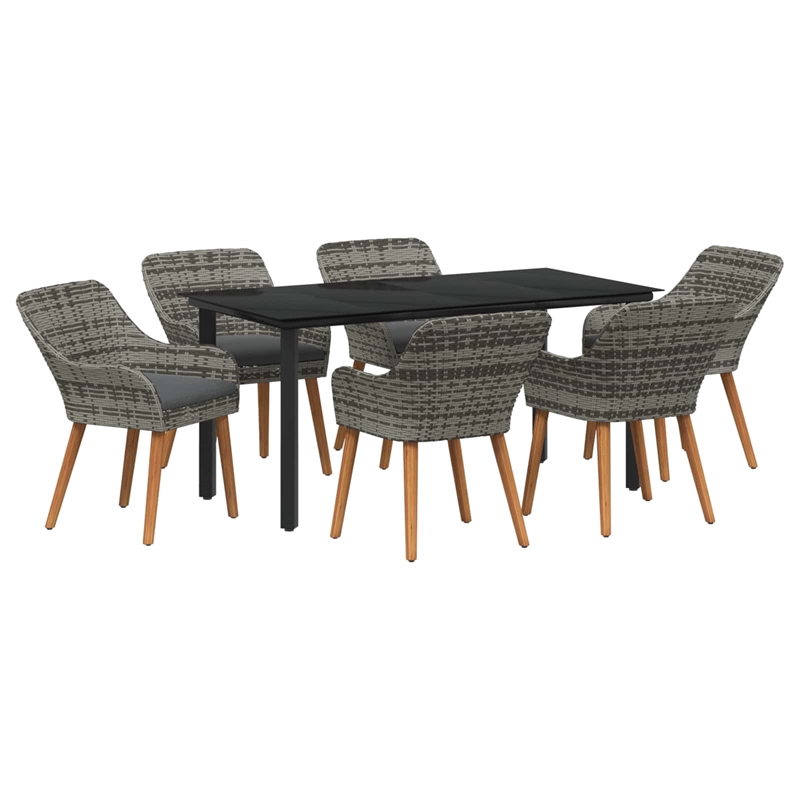 vidaXL 7 Piece Poly Rattan Garden Dining Set with Cushions in Grey
