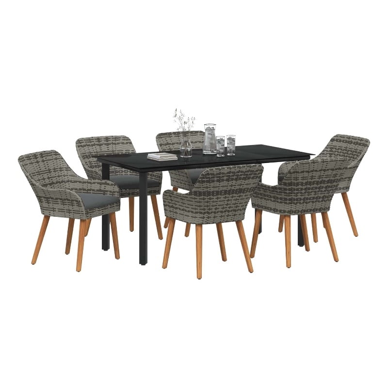 vidaXL 7 Piece Poly Rattan Garden Dining Set with Cushions in Grey