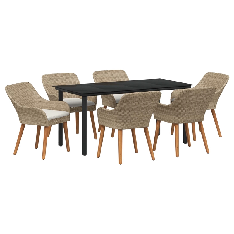 vidaXL 7 Piece Poly Rattan Garden Dining Set with Cushions in Beige