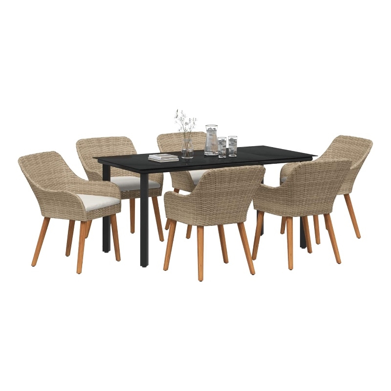 vidaXL 7 Piece Poly Rattan Garden Dining Set with Cushions in Beige
