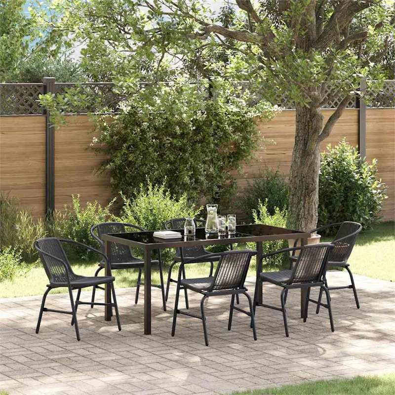 vidaXL 7 Piece Poly Rattan Garden Dining Set in Black