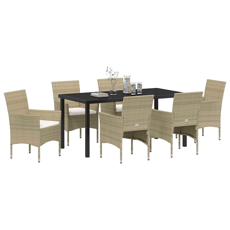 vidaXL 7 Piece Poly Rattan Garden Dining Set with Cushions in Beige