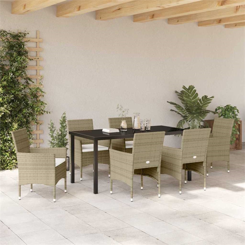 vidaXL 7 Piece Poly Rattan Garden Dining Set with Cushions in Beige