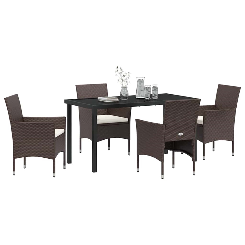 vidaXL 5 Piece Poly Rattan Garden Dining Set with Cushions in Brown