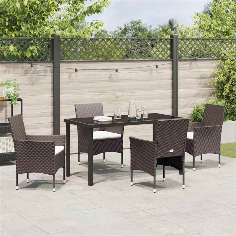 vidaXL 5 Piece Poly Rattan Garden Dining Set with Cushions in Brown