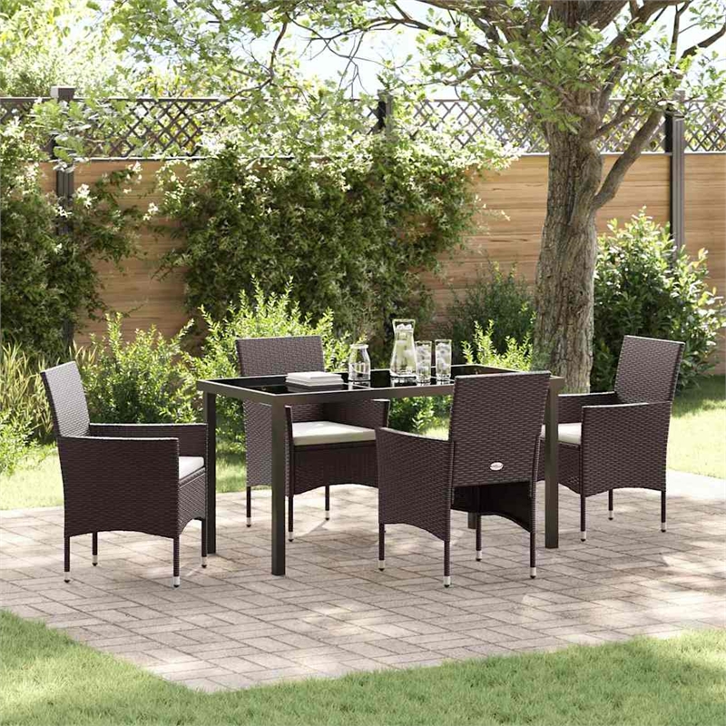 vidaXL 5 Piece Poly Rattan Garden Dining Set with Cushions in Brown