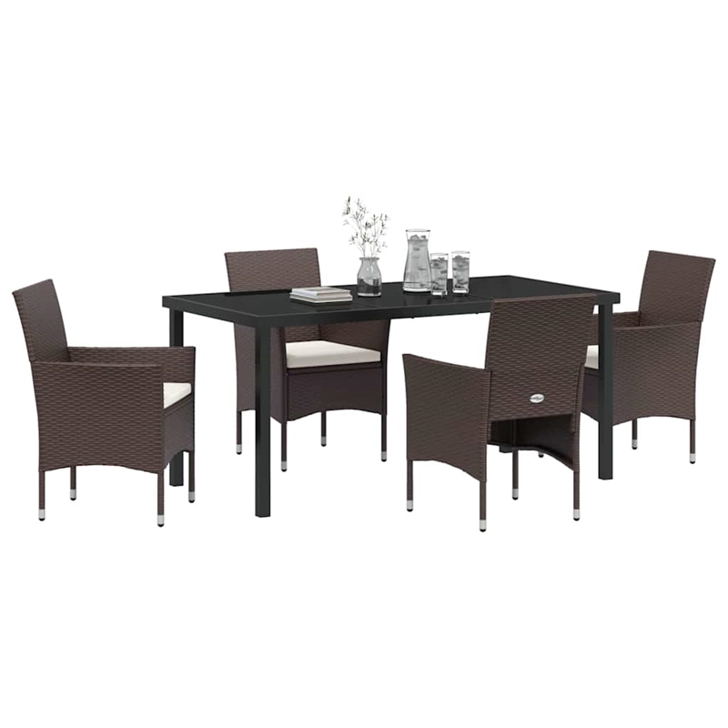 vidaXL 5 Piece Poly Rattan Garden Dining Set with Cushions in Brown