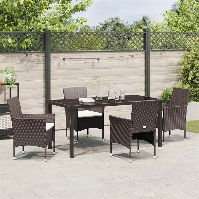 vidaXL 5 Piece Poly Rattan Garden Dining Set with Cushions in Brown