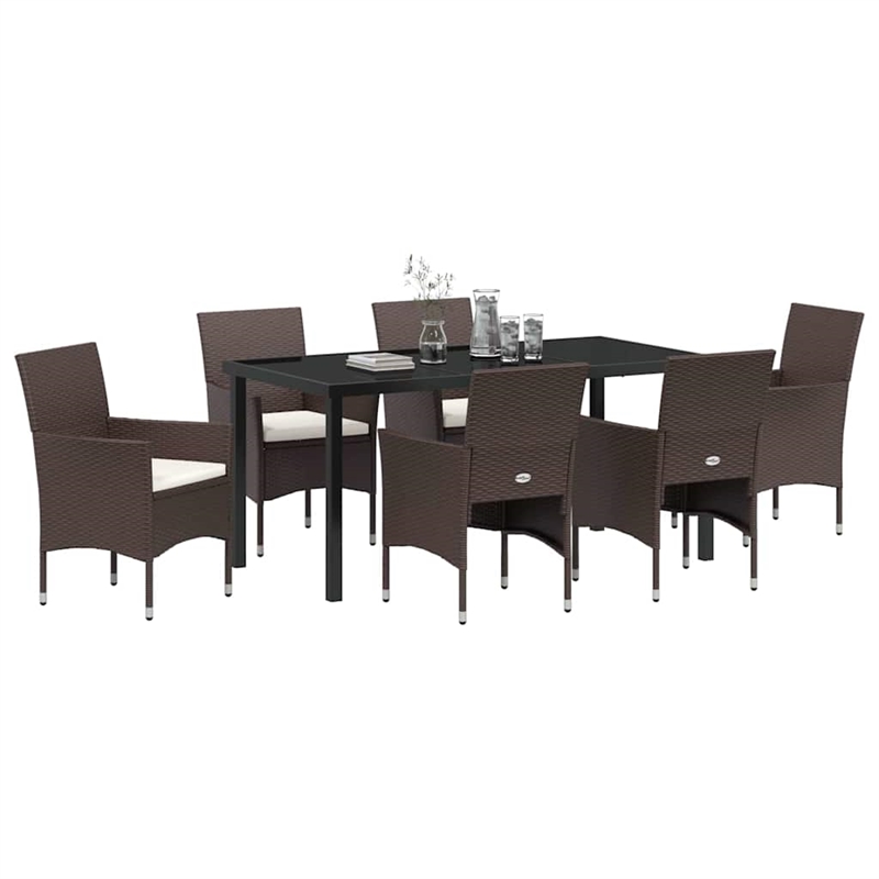 vidaXL 7 Piece Poly Rattan Garden Dining Set with Cushions in Brown
