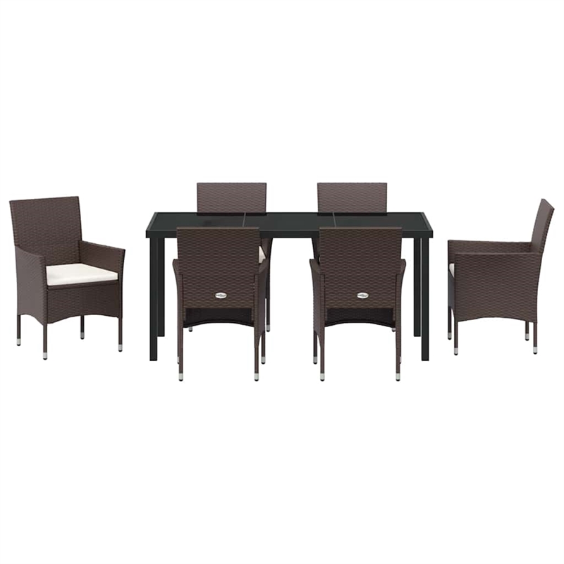 vidaXL 7 Piece Poly Rattan Garden Dining Set with Cushions in Brown