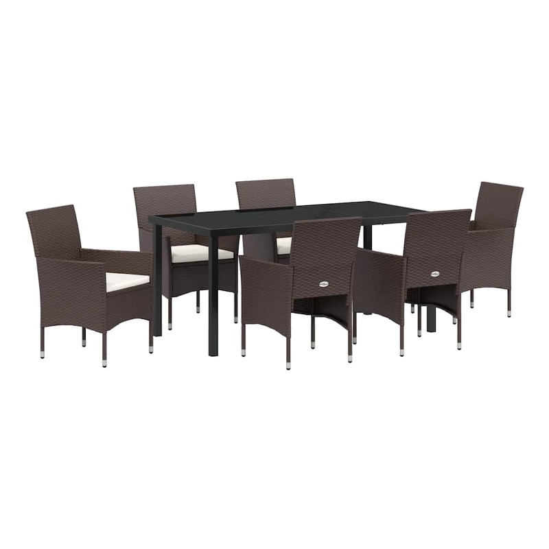 vidaXL 7 Piece Poly Rattan Garden Dining Set with Cushions in Brown