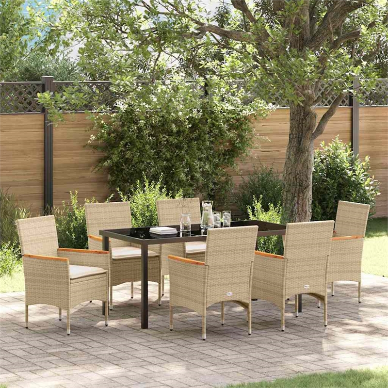 vidaXL 7 Piece Poly Rattan Garden Dining Set with Cushions in Beige