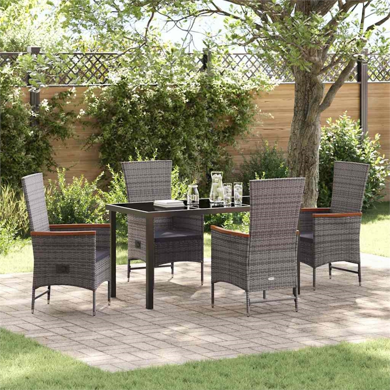 vidaXL 5 Piece Poly Rattan Garden Dining Set with Cushions in Grey