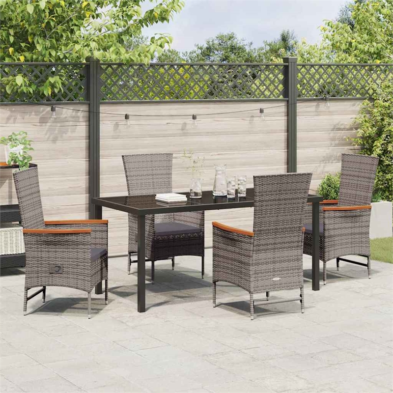 vidaXL 5 Piece Poly Rattan Garden Dining Set with Cushions in Grey