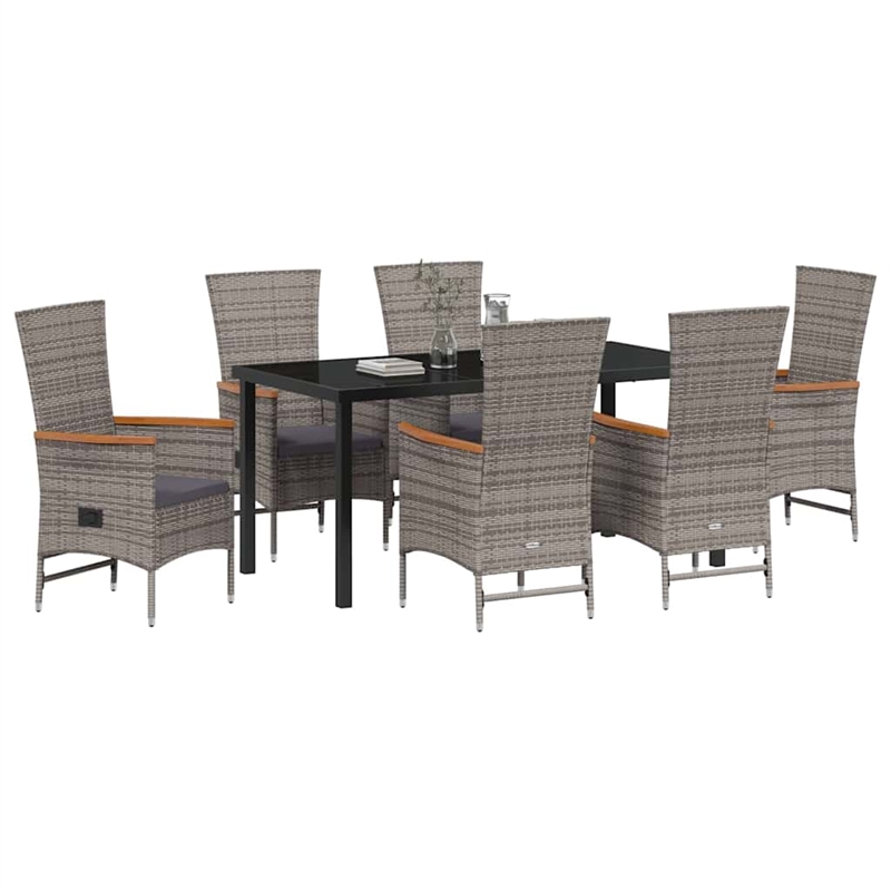 vidaXL 7 Piece Poly Rattan Garden Dining Set with Cushions in Grey