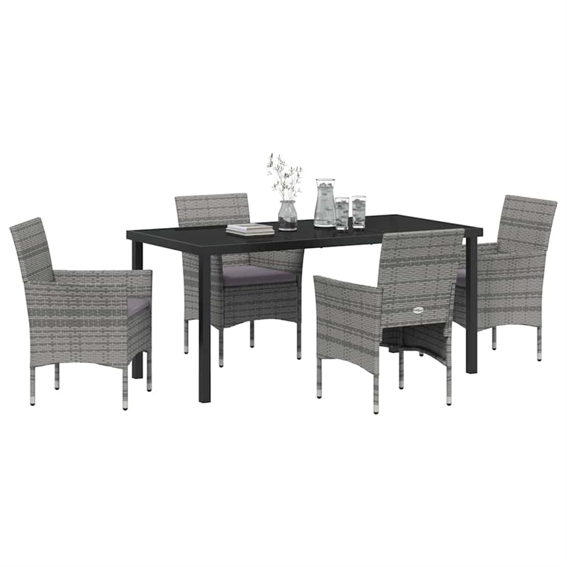 vidaXL 5 Piece Poly Rattan Garden Dining Set with Cushions in Grey