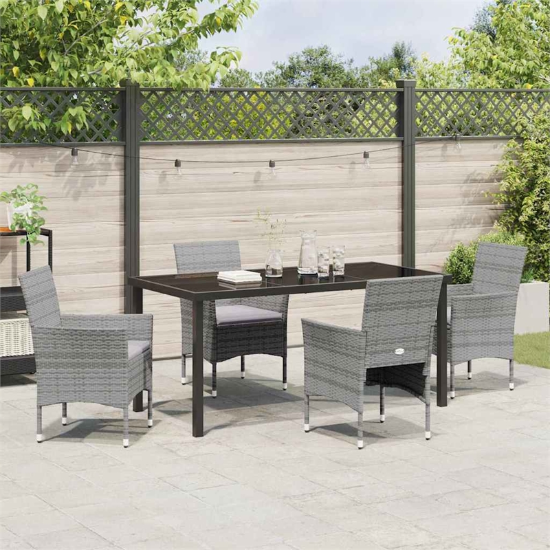 vidaXL 5 Piece Poly Rattan Garden Dining Set with Cushions in Grey